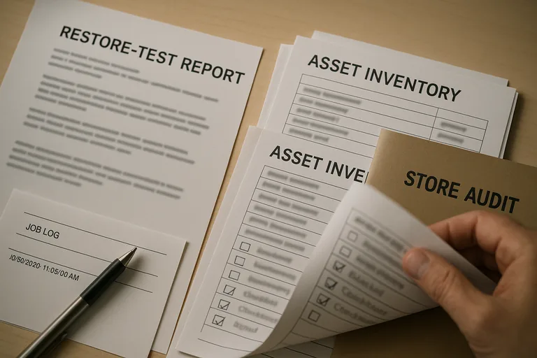 Close-up of printed restore-test, asset inventory sheets, and a timestamped job log used during a retail IT review.