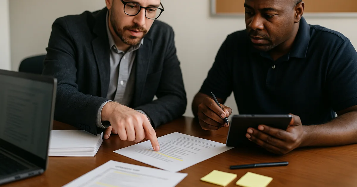 Consultant and IT manager reviewing printed assessment documents and a blurred laptop screen at a conference table.
