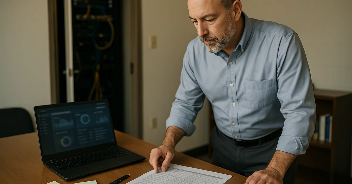 IT consultant reviewing printed asset inventory and a blurred monitoring dashboard during a small-business risk assessment.