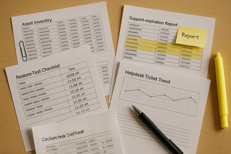 Printed asset registers, support expiration reports, and a restore-test checklist photographed on a table as operational evidence.