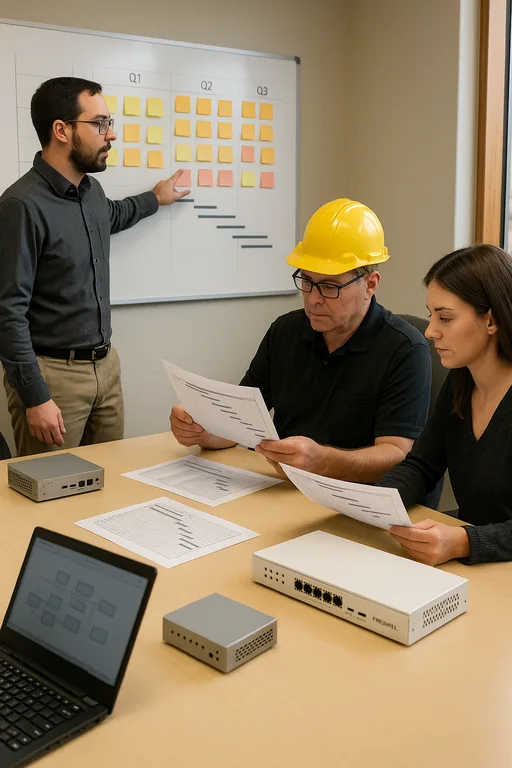 IT consultant and construction office staff reviewing a prioritized upgrade and recovery roadmap at a conference table with a whiteboard of sticky notes behind them.