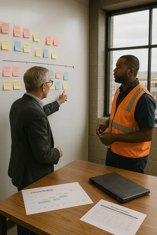 A consultant and plant manager review a staged lifecycle and budget roadmap on a whiteboard with sticky notes in a plant planning area.