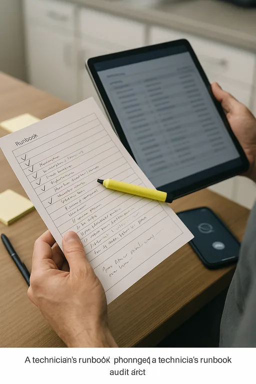 Hands holding a printed reset runbook with checkmarks beside a tablet displaying a blurred audit-log view, on an admin desk with sticky notes and a pen.