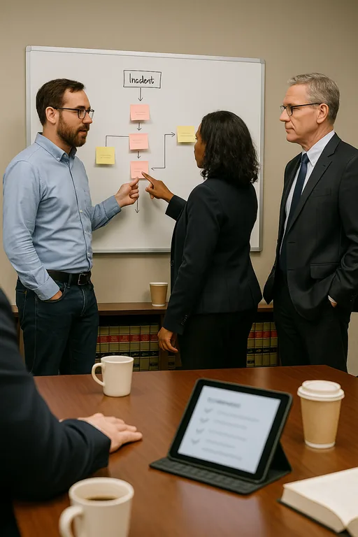 IT consultant and firm leaders mapping an incident response runbook on a whiteboard during a workshop, with a tablet and legal books on the table.