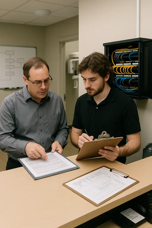 Office manager and technician review a laminated runbook at the front desk while nearby network hardware and a whiteboard outline the recovery workflow.