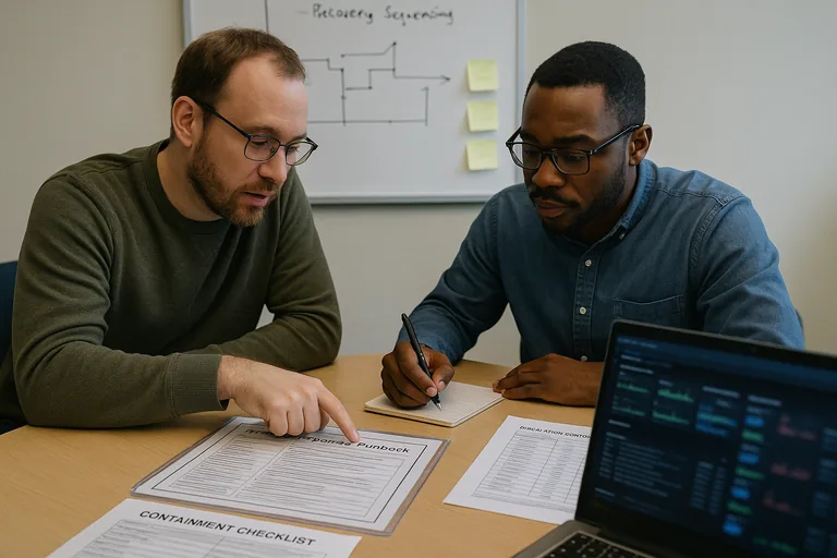Technician and manager reviewing a recovery runbook and whiteboard recovery sequence during an incident response planning session.