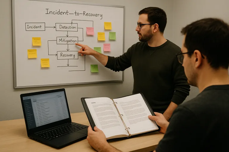 Whiteboard recovery workflow with color-coded sticky notes and an open runbook binder, showing an operational incident response and escalation process.