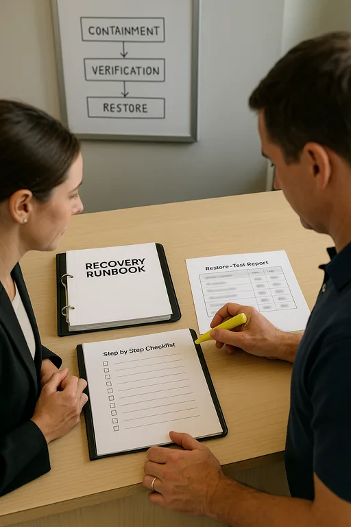 A technician and manager using a recovery runbook and restore‑test report to validate containment and restoration steps after an account lockout.
