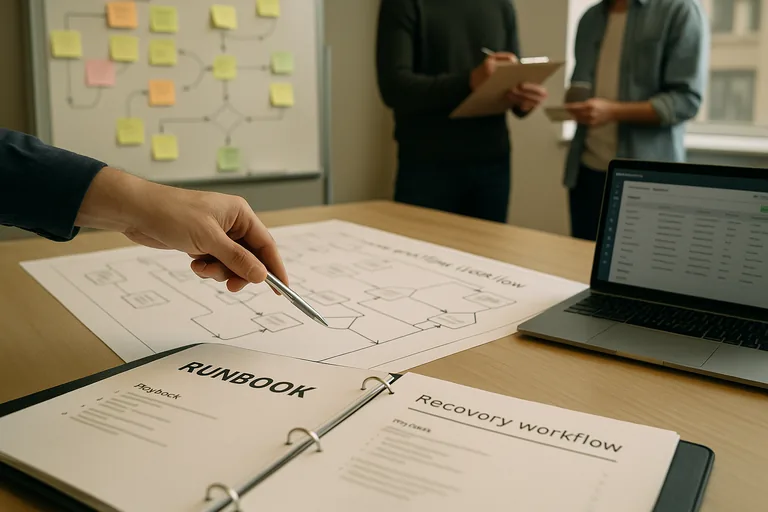 Team reviewing runbooks and a physical joiner-mover-leaver workflow on a whiteboard during an operational control review.
