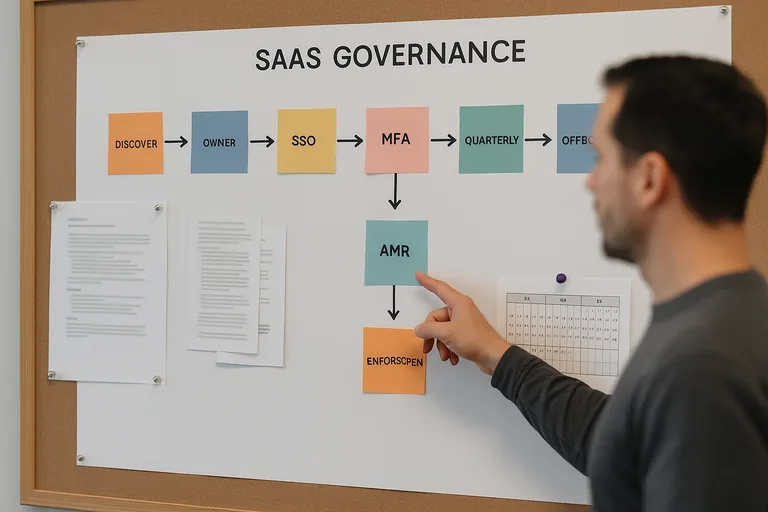Whiteboard workflow and pinned runbooks showing a staged SaaS governance process with sticky notes and a team member pointing in the background.