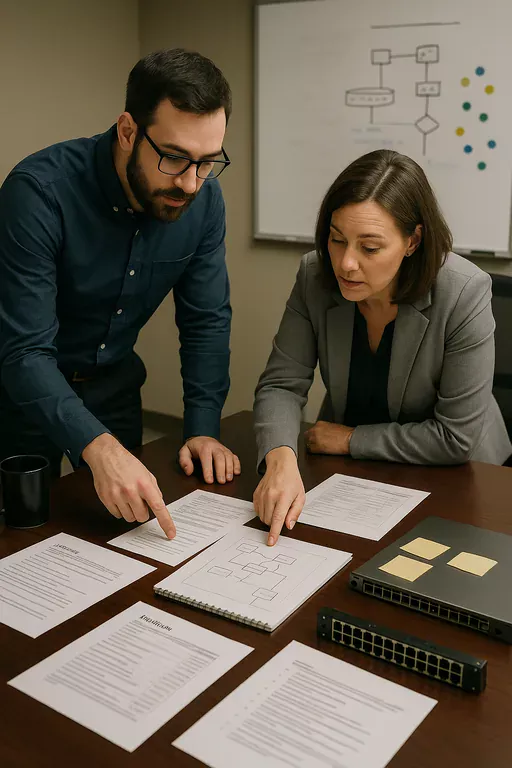 IT consultant and office administrator reviewing runbooks, network sketches, and a checklist during a capacity mapping session.