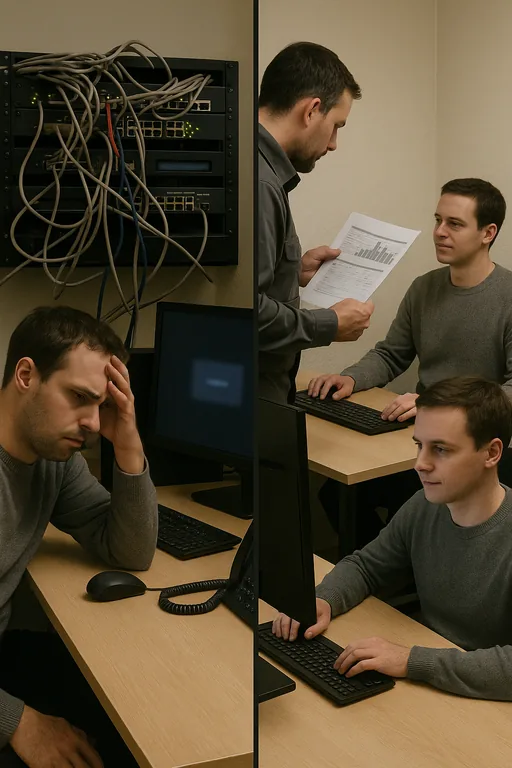 Split image: crowded, tangled switch and stressed desk on the left; organized switch stack and technician reviewing a capacity plan on the right.