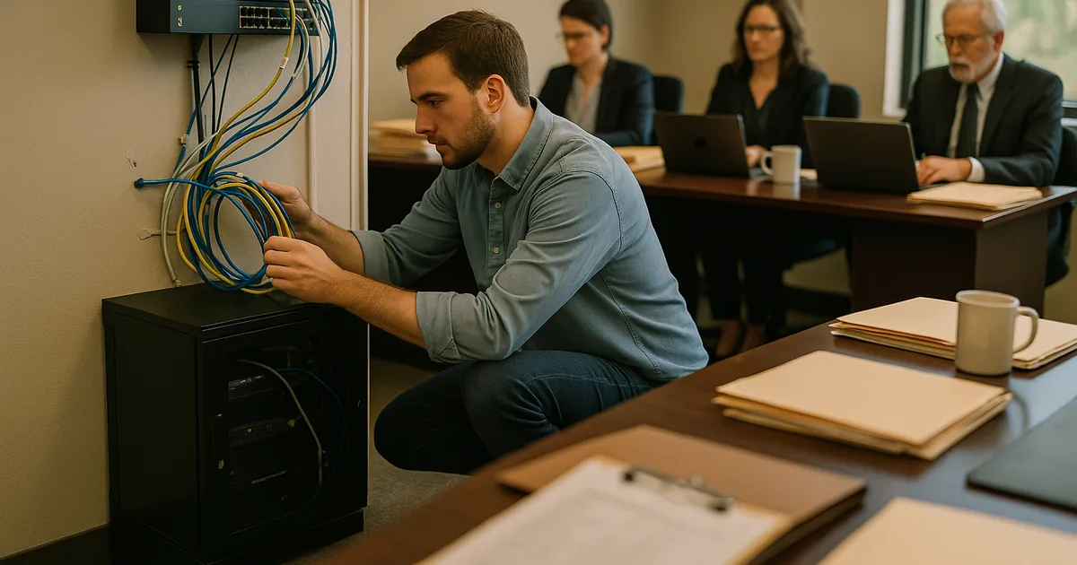 An on-site technician diagnosing network bottlenecks while staff wait, showing how uncontrolled growth can halt daily legal work.