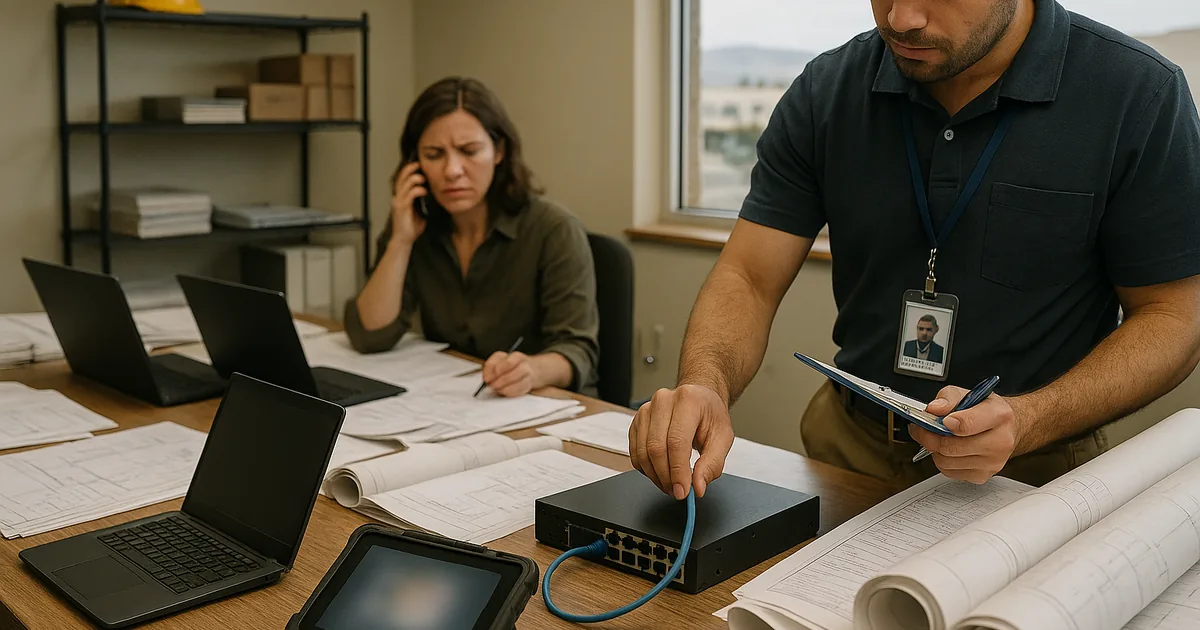 A technician working through device enrollment in a busy construction office — evidence of how uncontrolled growth creates exposure before a breach appears.