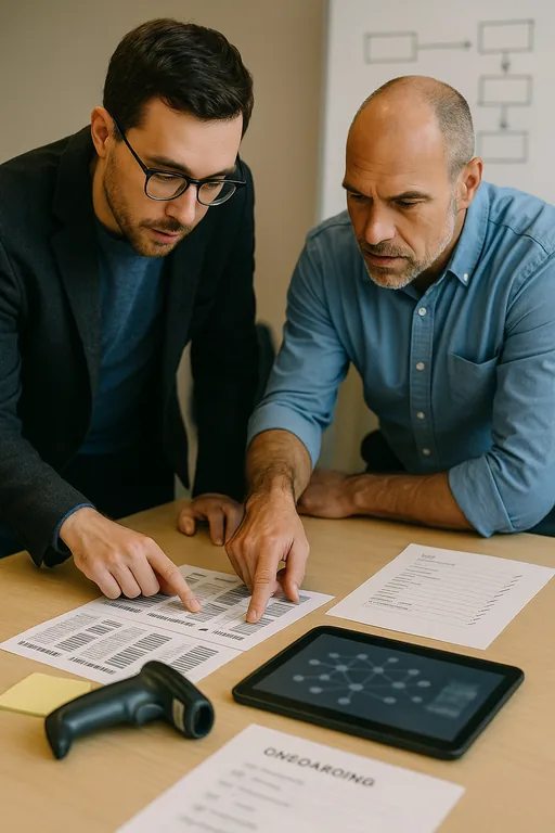 IT consultant and logistics manager reviewing device inventory and an onboarding checklist at a conference table to standardize onboarding and capacity planning.