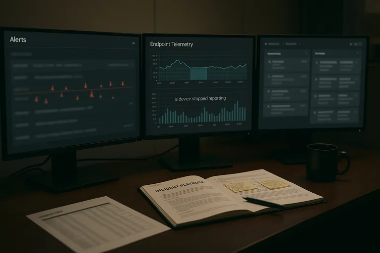 Security analyst workstation with multiple monitors showing blurred alerts timeline and endpoint telemetry alongside an open incident playbook and annotated printouts.