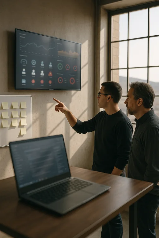 Two IT staff review a blurred security monitoring dashboard on a wall monitor in a small operations room adjacent to the plant.