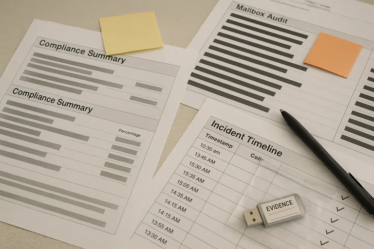 Overhead view of printed patch, audit, and incident timeline documents with annotations and an evidence pouch on a table.