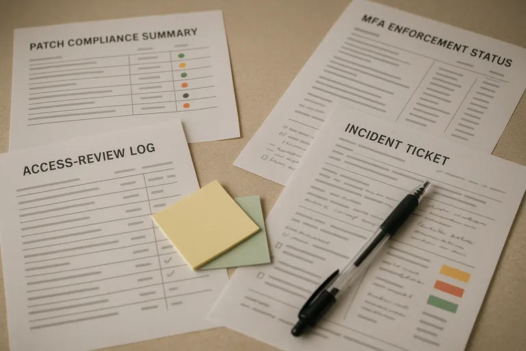 Printed patch compliance, MFA status, access review sheets and incident tickets with handwritten notes and status stickers on an office desk.