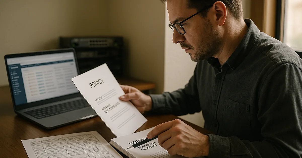 IT consultant at a desk reviewing a printed security policy binder, an incident response playbook, and an access-review sheet with annotations.