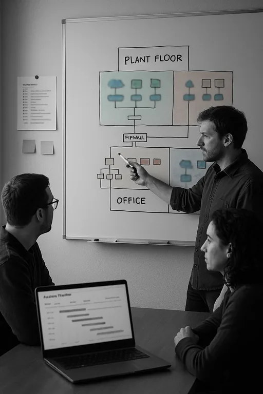 Team working at a whiteboard with a sketched network segmentation diagram and pinned incident timeline, showing a practical response workflow.