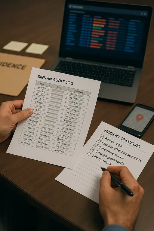 Close-up of printed sign-in logs and a checklist being reviewed by an IT specialist during an incident investigation.