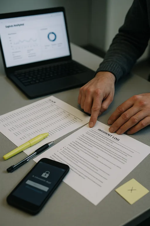 Technician reviewing printed sign-in telemetry and incident logs while investigating an account compromise at a medical office.