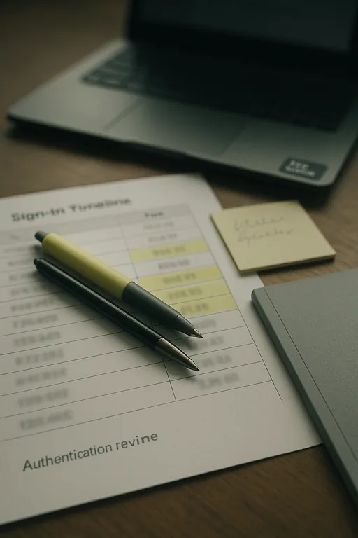 Close-up of a printed sign-in timeline with highlighted anomalies, a pen, and a runbook folder on a dental office desk as evidence of an authentication review.