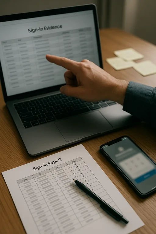 IT consultant reviewing blurred sign-in logs and a printed checklist while preparing to revoke risky sessions.