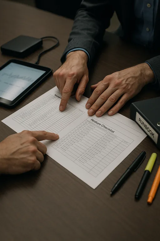 Hands pointing at printed sign-in logs and a restore checklist next to an external backup drive during a validation review.