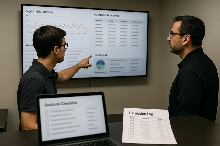 Two IT staff reviewing a blurred security dashboard of sign-in risks and an escalation log on a tablet in a small operations room.