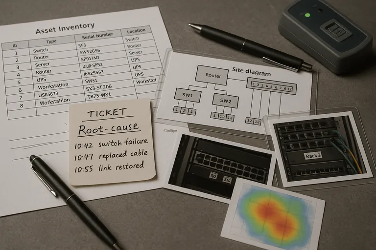 Close-up of a workbench with printed asset inventory, ticket notes, a site diagram, Wi‑Fi heatmap, and a cable tester.