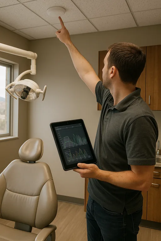 A technician performs a wireless site survey inside a dental operatory, holding a tablet showing a blurred signal heatmap.