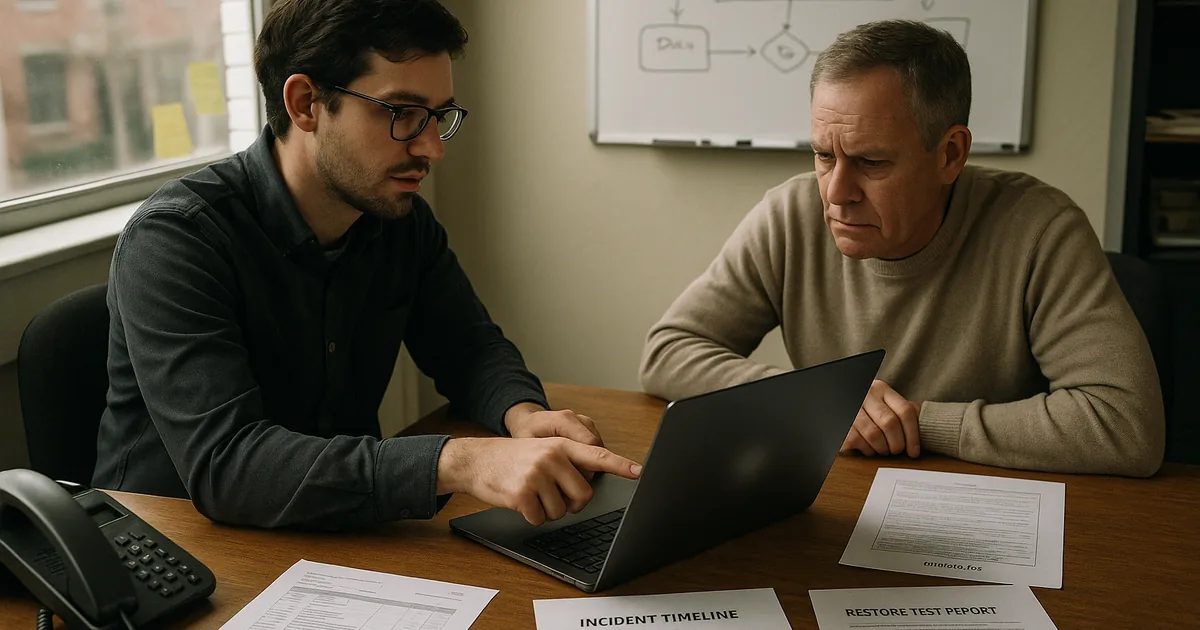 An IT consultant and a small-business owner reviewing printed incident notes and restore-test papers at a desk in a small office.
