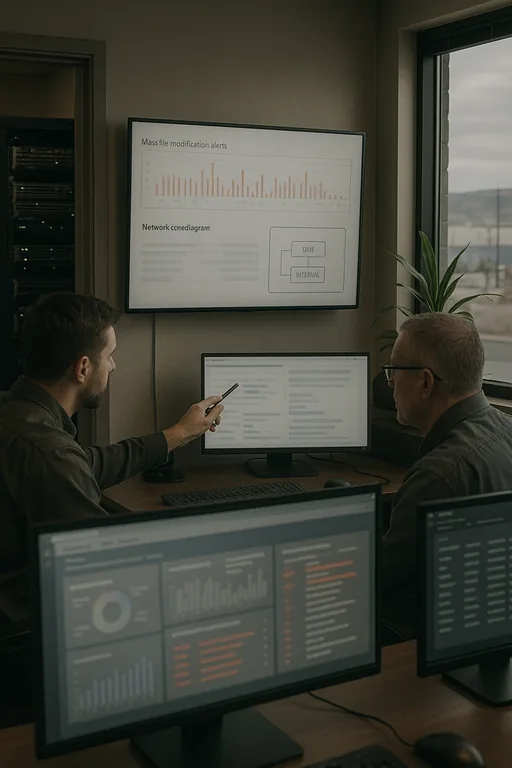 Two analysts reviewing a blurred timeline of mass file-change alerts and a network zone diagram on a large monitor in a plant operations room.