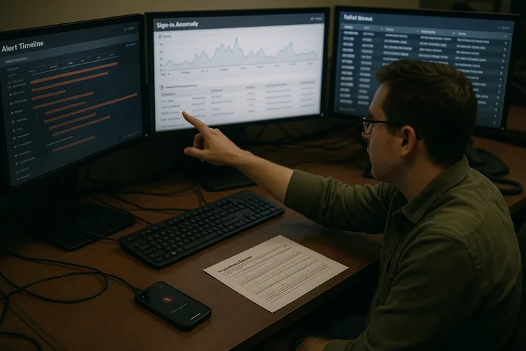 Security analyst at a workstation reviewing multiple blurred monitors showing alert timelines and sign-in anomaly graphs with printed incident notes on the desk.