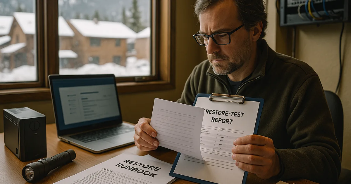 IT consultant in a South Lake Tahoe office reviewing printed restore runbooks and a blurred backup status screen with snow visible outside the window.