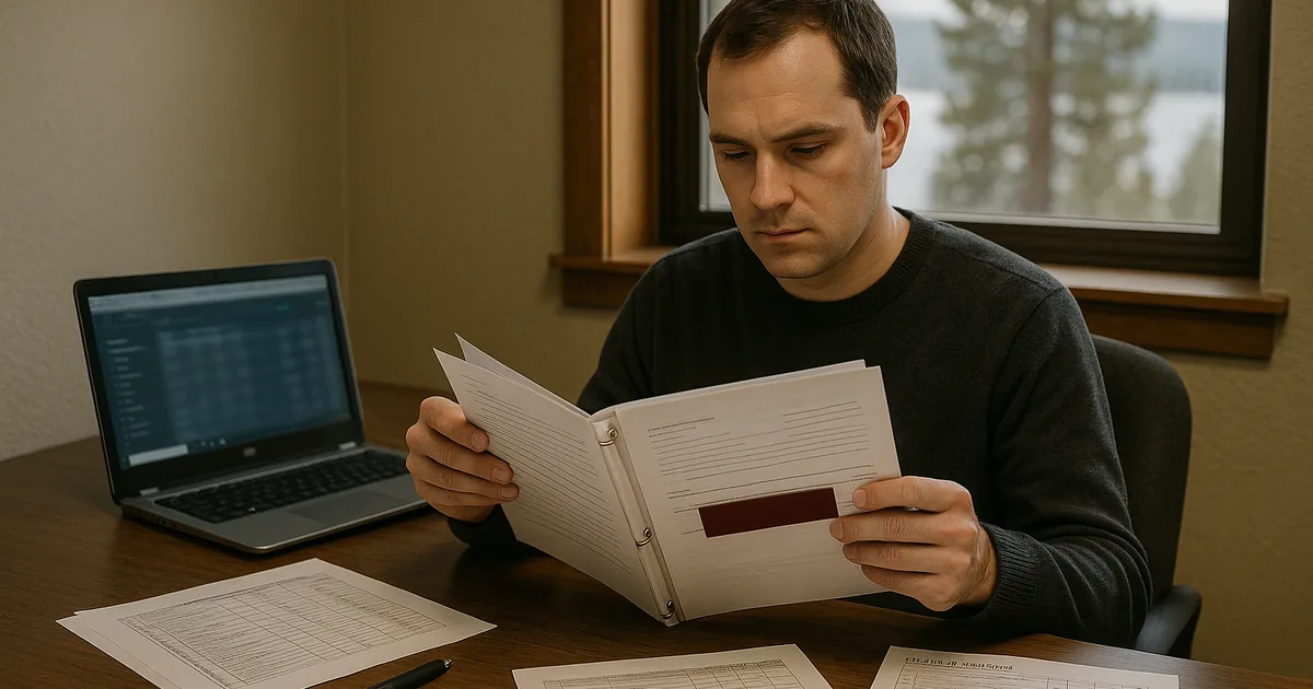 IT consultant at a desk in a South Lake Tahoe office reviewing printed restore-test reports and an asset inventory with a lake view through the window.