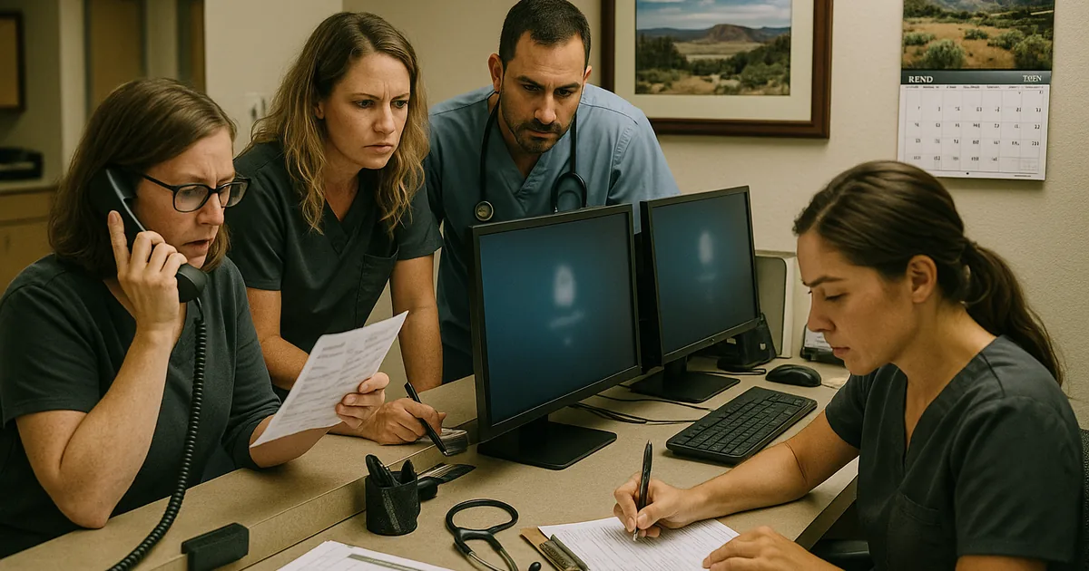 Front-desk staff and providers using phones and paper workflows while locked-out computer logins are being resolved, showing the patient-care impact of identity gaps.