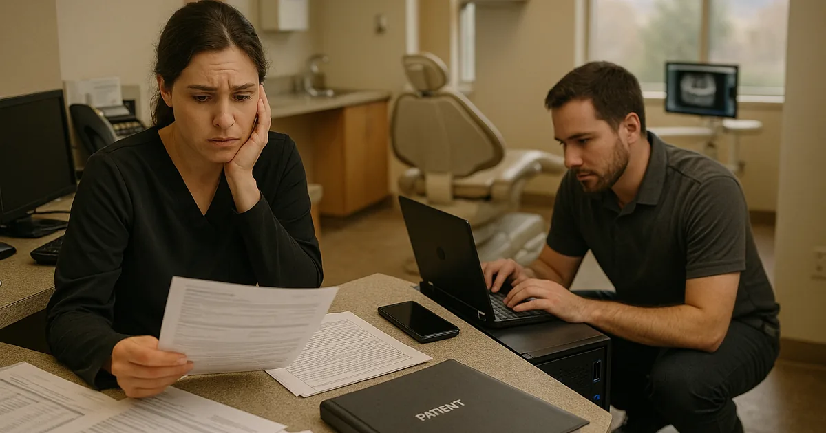 A real recovery moment: front desk staff using paper intake while a technician performs hands‑on recovery work to restore login and practice systems.
