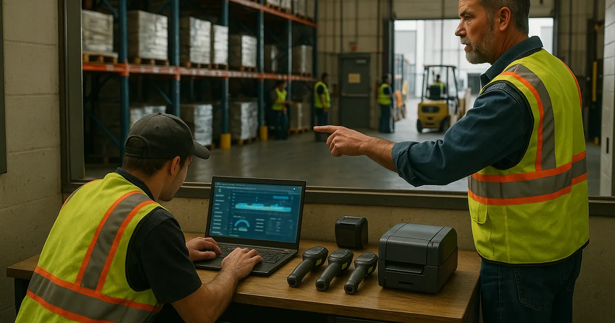 A technician reviews network status near handheld scanners to diagnose capacity and onboarding failures that can stop warehouse operations.