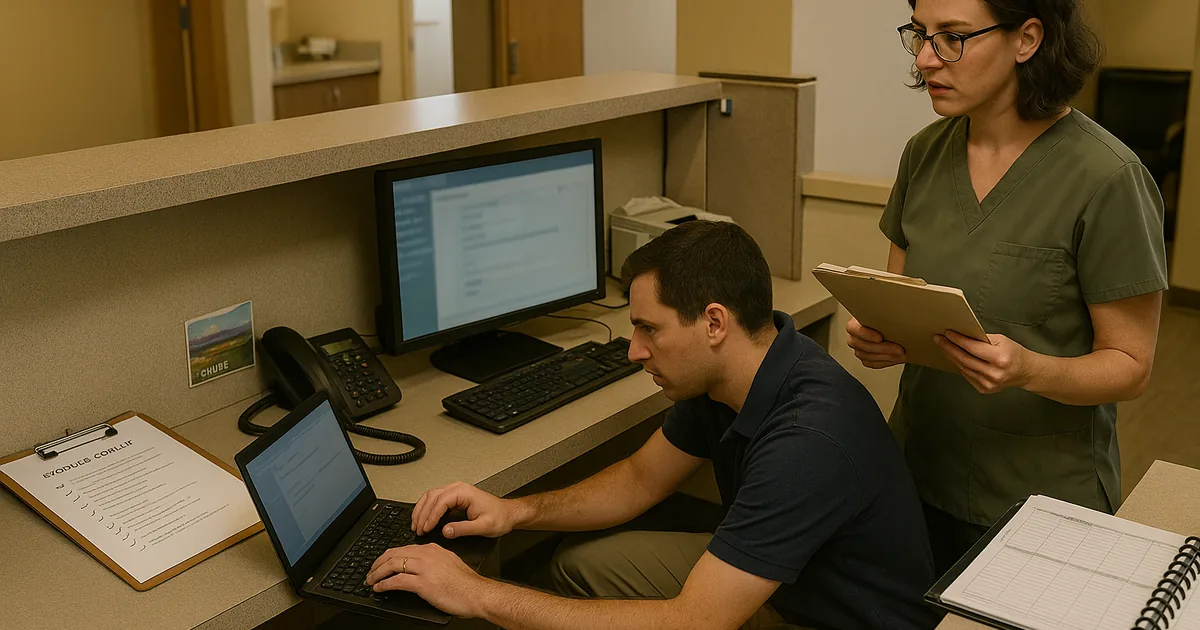 A hands-on troubleshooting moment at a South Meadows clinic showing a recovery runbook and legacy workstation that can create a single point of failure.