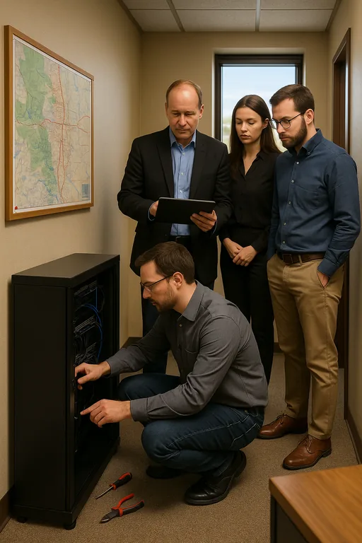 IT consultant working at a server cabinet while staff review a tablet with a continuity runbook in a South Meadows office corridor.