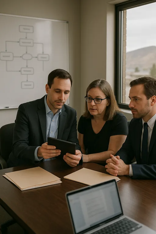 Consultant and law office staff in a Sparks-area meeting room reviewing a tablet with a blurred whiteboard flowchart and local exterior visible through the window.