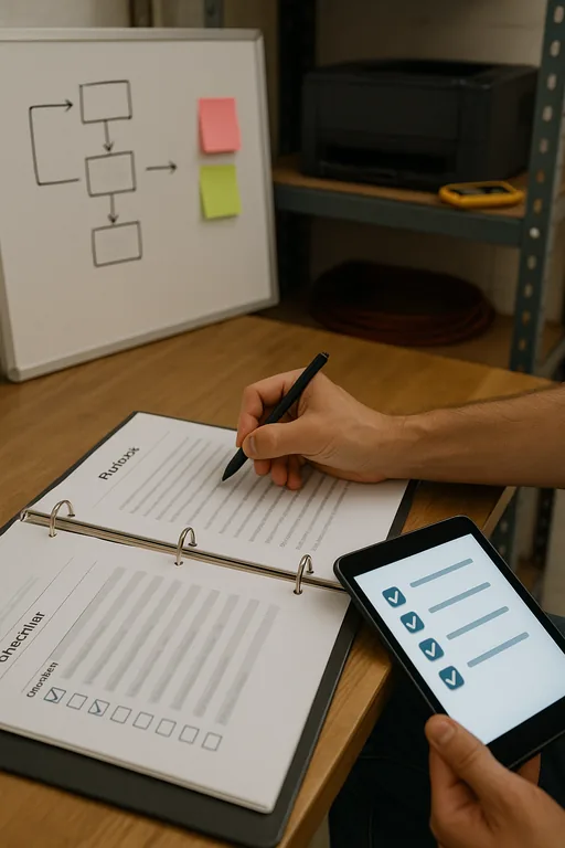 Technician updating a runbook checklist while a whiteboard with flow arrows and sticky notes shows the steps for stabilizing daily support.
