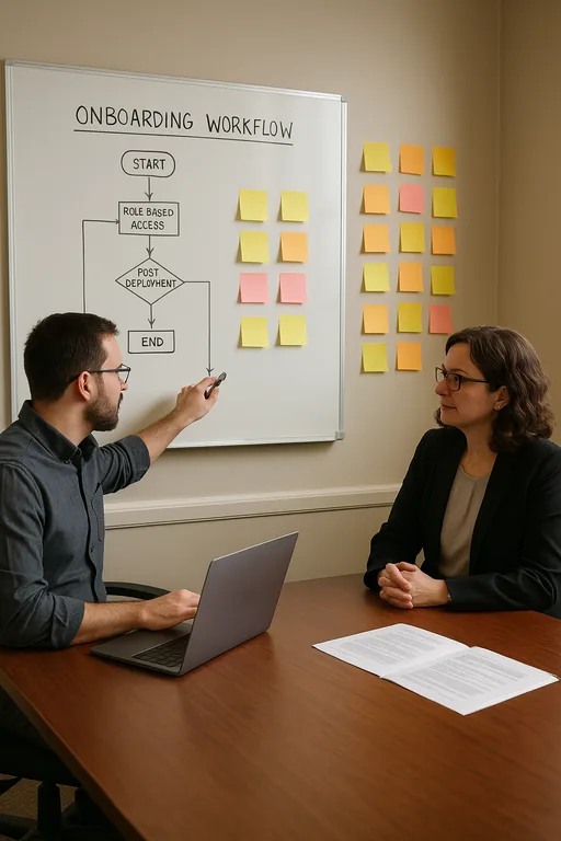 IT consultant and office manager reviewing a whiteboard onboarding workflow and sticky-note process for standardized provisioning in a law firm.