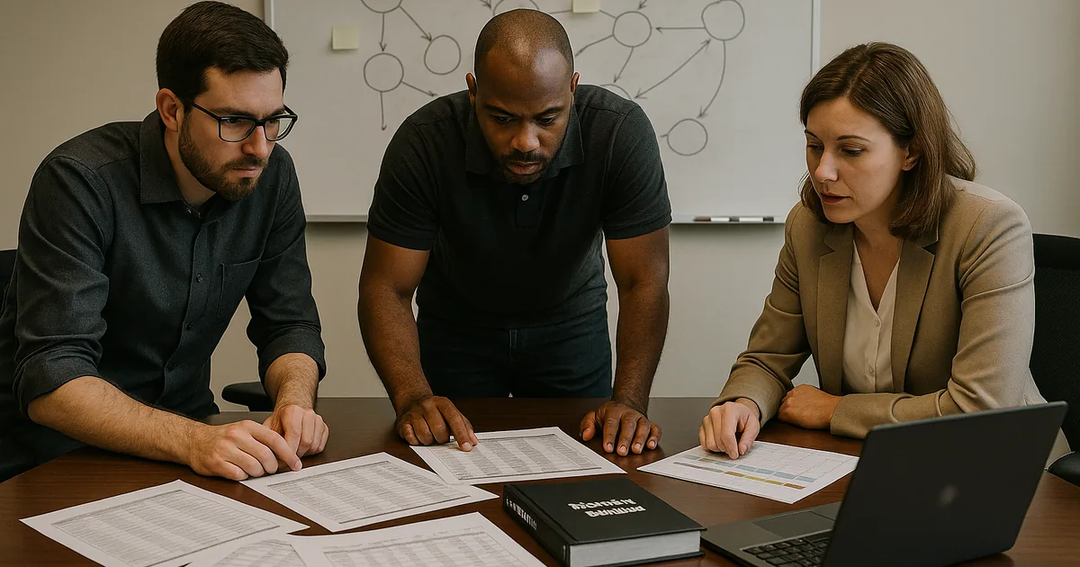 Three professionals reviewing printed asset inventories, a recovery runbook, and a blurred status laptop in a conference room with a non-legible dependency sketch on a whiteboard.