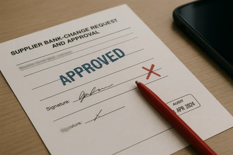 Close-up of a printed supplier bank-change request marked with an approval stamp and a red pen highlighting a missing second approval.