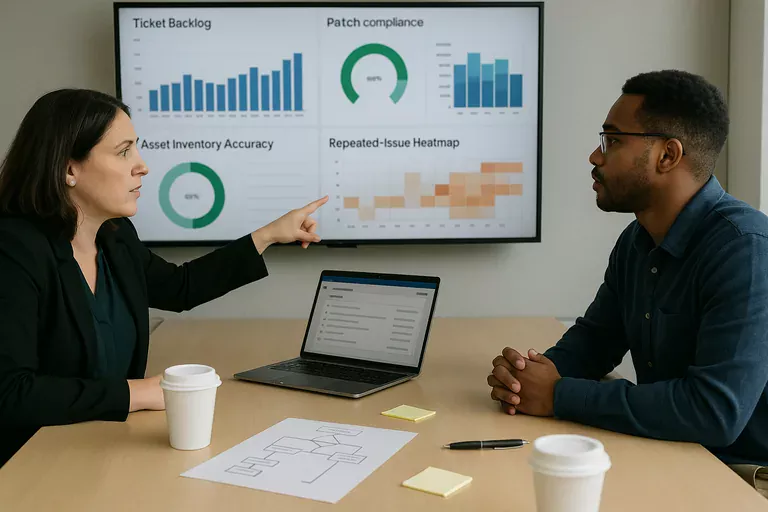 Team reviewing blurred monitoring dashboards showing ticket backlog, patch compliance, and repeated-issue heatmap during a support review.