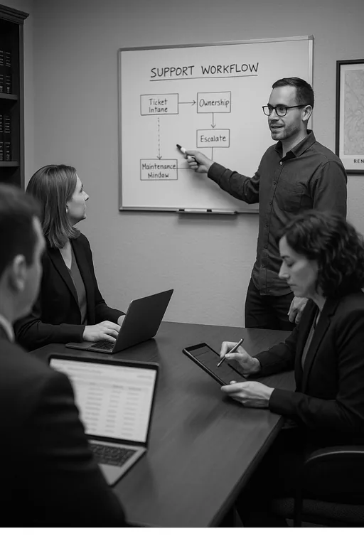 IT consultant outlining a ticket intake and escalation workflow on a whiteboard during a law office meeting.